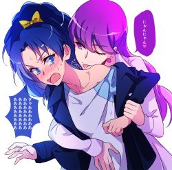 Rule 34 | 10s, 2girls, ;p, bad id, bad twitter id, bare shoulders, blue eyes, blue hair, blush, bow, collarbone, earrings, fang, hair bow, heart, hug, hug from behind, jewelry, kirakira precure a la mode, kotozume yukari, licking, long hair, multiple girls, negom, one eye closed, open mouth, ponytail, precure, purple eyes, purple hair, saliva, short hair, simple background, tategami aoi, tongue, tongue out, translation request, white background, yellow bow, yuri