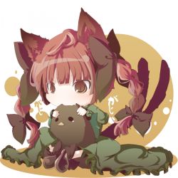 Rule 34 | 1girl, animal ears, bad id, bad pixiv id, bird, biting, bow, braid, butterfly sitting, cat ears, cat girl, cat tail, chibi, doromizu, fang, female focus, hair bow, kaenbyou rin, multiple tails, red eyes, red hair, reiuji utsuho, reiuji utsuho (bird), sitting, solo, tail, touhou, twin braids