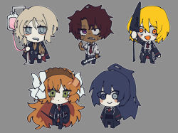 Rule 34 | 2boys, 3girls, belt, black belt, black coat, black pants, black vest, blonde hair, blue eyes, blue hair, breasts, brown hair, brown hairband, brown sweater, chibi, closed mouth, club (weapon), coat, coat on shoulders, coco (556ch0cl8), collared shirt, dark-skinned male, dark blue hair, dark skin, don quixote (project moon), drooling, expressionless, faust (project moon), freckles, green eyes, grey background, hair between eyes, hair ribbon, hairband, heathcliff (project moon), heterochromia, highres, holding, holding club, holding weapon, hong lu (project moon), intravenous drip, ishmael (project moon), limbus company, long hair, long sleeves, medium breasts, mouth drool, multiple boys, multiple girls, necktie, open clothes, open coat, open mouth, orange eyes, orange hair, pants, ponytail, project moon, purple eyes, red necktie, ribbed sweater, ribbon, ringed eyes, sanpaku, scar, scar on arm, scar on face, shirt, short hair, short sleeves, simple background, smile, suspenders, sweater, turtleneck, turtleneck sweater, vest, weapon, white ribbon, white shirt