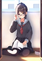 Rule 34 | 1girl, black-framed eyewear, black bow, black footwear, black pantyhose, black serafuku, black shirt, black skirt, blush, book, bow, brown hair, closed mouth, commentary request, curtains, enuni, feet out of frame, glasses, hair bow, hair ornament, hairclip, hand up, highres, indoors, loafers, looking at viewer, neckerchief, on floor, open book, original, pantyhose, parted bangs, pleated skirt, ponytail, purple eyes, red neckerchief, resolution mismatch, sailor collar, school uniform, serafuku, shirt, shoes, sitting, skirt, solo, source larger, white sailor collar, yokozuwari
