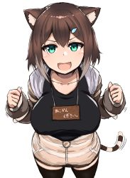 Rule 34 | 1girl, :d, animal ear fluff, animal ears, aqua eyes, black shirt, black thighhighs, blush, breasts, brown hair, cat ears, cat girl, cat tail, fang, feet out of frame, female focus, fish hair ornament, fumino tamaki, hair between eyes, hair ornament, highres, hood, hoodie, large breasts, long sleeves, looking at viewer, multicolored hair, nijisanji, open clothes, open hoodie, open mouth, parted bangs, shirt, short hair, sign, sign around neck, simple background, skin fang, smile, solo, standing, striped clothes, striped hoodie, striped tail, tail, thighhighs, varitora, virtual youtuber, white background