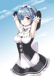 Rule 34 | 10s, 1girl, absurdres, anhao, apron, arm garter, armpits, arms behind back, arms up, bad id, bad pixiv id, black bow, blue eyes, blue hair, blue sky, blunt bangs, bow, breasts, cleavage, cloud, cloudy sky, cowboy shot, day, detached sleeves, dress, eyebrows, eyes visible through hair, frilled dress, frilled skirt, frilled sleeves, frills, hair ornament, hair over one eye, highres, looking at viewer, maid, maid headdress, matching hair/eyes, medium breasts, open mouth, re:zero kara hajimeru isekai seikatsu, rem (re:zero), ribbon-trimmed clothes, ribbon-trimmed collar, ribbon-trimmed sleeves, ribbon trim, short hair, skirt, sky, solo, underbust, x hair ornament