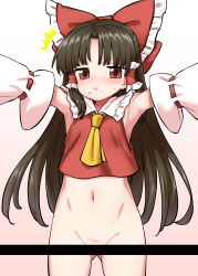 Rule 34 | 1girl, :t, ^^^, armpits, ascot, black hair, blush, bottomless, bow, censored, closed mouth, commentary request, detached sleeves, eating, gluteal fold, hair bow, hakurei reimu, highres, itou yuuji, long hair, looking at viewer, navel, outstretched arms, red bow, red eyes, solo, touhou, white sleeves, yellow ascot