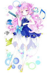 Rule 34 | 1girl, ahoge, aquarius (constellation), bad id, bad pixiv id, bare arms, big hair, binoculars, blue bow, blue dress, blush, bow, bowtie, cape, commentary request, constellation print, dress, earrings, floral print, full body, gears, globe, gown, hair ornament, harp, head tilt, high heels, highres, holding, holding wand, instrument, jewelry, layered dress, libra (constellation), locomotive, long hair, looking at viewer, no socks, original, pink hair, pisces (constellation), pocket watch, print dress, purple eyes, see-through, shoes, short dress, solo, standing, star (symbol), star earrings, star hair ornament, tsukiyo (skymint), tube, wand, watch, white bow, white bowtie, yellow footwear