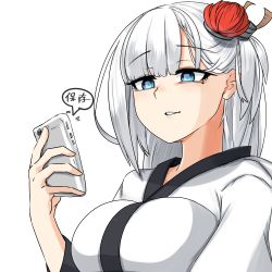 Rule 34 | 1girl, akaoni (zumt3548), azur lane, blue eyes, blunt bangs, breasts, cellphone, clip studio paint (medium), eyeshadow, hair ornament, highres, holding, holding phone, japanese clothes, kanzashi, kimono, large breasts, long hair, looking at phone, makeup, mole, mole under eye, one side up, parted lips, phone, shoukaku (azur lane), simple background, smartphone, smile, solo, taking picture, translation request, tsumami kanzashi, upper body, white background, white hair, white kimono, wide sleeves