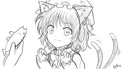 Rule 34 | 1girl, :3, animal ears, artist name, bow, bowtie, cat ears, chen, earrings, fang, fish, food, frilled hat, frilled sleeves, frills, hat, highres, holding, izha (seisfleur), jewelry, mob cap, monochrome, neckwear request, nekomata, paw pose, short hair, solo focus, tail, tail wagging, touhou
