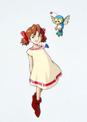 Rule 34 | 1girl, arms behind back, bird, bird (wonder project), blue eyes, brown hair, dress, full body, jewelry, josette, necklace, official art, open mouth, pig tail, pino (wonder project), simple background, sleeveless, tail, twintails, wonder project j2