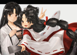 Rule 34 | 2girls, :d, ahoge, bandeau, black hair, brown eyes, closed mouth, fang, folding fan, hair ornament, hand fan, high ponytail, holding, holding fan, japanese clothes, kantai collection, kimono, long hair, long sleeves, miko, multi-tied hair, multiple girls, nisshin (kancolle), open mouth, radar hair ornament, red ribbon, ribbon, shouhou (kancolle), smile, toka (marchlizard), v, very long hair, white kimono, wide sleeves