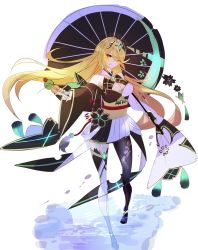 Rule 34 | 1girl, alternate costume, bare shoulders, blonde hair, breasts, chest jewel, cleavage, dress, gem, headpiece, highres, hyouri00, japanese clothes, jewelry, kimono, kimono skirt, large breasts, long hair, looking at viewer, mythra (xenoblade), one eye closed, smile, solo, swept bangs, tiara, umbrella, very long hair, xenoblade chronicles (series), xenoblade chronicles 2, yellow eyes