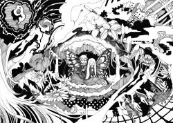 Rule 34 | bug, butterfly, castle, closed eyes, cloud, dress, flower, greyscale, head out of frame, insect, long hair, marker (medium), monochrome, moth, multiple boys, multiple girls, original, personification, short hair, sparkle, traditional media, turned a symmetry (vocaloid), vocaloid, zott (toudou)