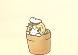 Rule 34 | 1girl, :o, beige background, blonde hair, blush, chibi, flower knight girl, flower pot, hat, in container, koti, open mouth, solid oval eyes, solo, white hat, yuri (flower knight girl)