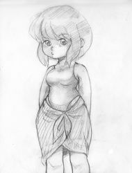 Rule 34 | 1girl, breasts, chibi, female focus, ghost in the shell, greyscale, kusanagi motoko, monochrome, one-piece swimsuit, sarong, sketch, solo, swimsuit, traditional media, womu