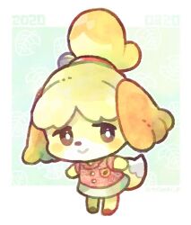 Rule 34 | 1girl, :&gt;, animal crossing, black eyes, border, bright pupils, buttons, chibi, closed mouth, dated, dog girl, doradorakingyo, furry, furry female, isabelle (animal crossing), looking at viewer, nintendo, red shirt, shirt, skirt, smile, solo, tied ears, twitter username, white border, white pupils, white skirt