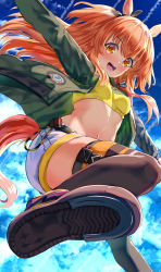 Rule 34 | 1girl, animal ears, black footwear, black thighhighs, breasts, crop top, green jacket, highres, horse ears, horse girl, jacket, long hair, long sleeves, looking at viewer, mayano top gun (umamusume), midriff, navel, open clothes, open jacket, orange hair, outstretched arms, shirt, shoes, short shorts, shorts, small breasts, solo, stomach, thighhighs, two side up, uenoryoma, umamusume, white shorts, yellow shirt