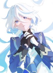 Rule 34 | 1girl, ahoge, asymmetrical gloves, black gloves, blue eyes, blue jacket, cowlick, crying, crying with eyes open, furina (genshin impact), genshin impact, gloves, hair between eyes, hair intakes, hands up, hashtag-only commentary, heterochromia, highres, interlocked fingers, isa (isa34p 4), jacket, long hair, long sleeves, looking at viewer, mismatched pupils, no headwear, own hands together, parted lips, simple background, sleeve cuffs, solo, tears, unworn headwear, upper body, very long hair, white background, white gloves, white hair