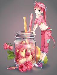 Rule 34 | 1girl, artist name, bandana, blue eyes, capri pants, closed mouth, collarbone, crop top, drinking straw, earrings, food, fruit, full body, glass, grey background, groin, hair between eyes, heart, heart print, highres, jar, jewelry, leaf, long hair, looking at viewer, melon, midriff, navel, off shoulder, original, oversized object, pants, polka dot, ponytail, quiss, raspberry, red hair, shoes, short sleeves, simple background, smile, sneakers, solo, very long hair, watermark, web address