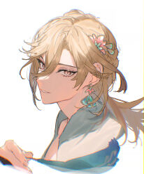 Rule 34 | 1boy, artifact (genshin impact), blonde hair, earrings, feathers, flower, genshin impact, hair between eyes, hair flower, hair ornament, hand up, highres, holding, holding feather, jewelry, kaveh (genshin impact), long hair, looking at viewer, looking to the side, male focus, parted bangs, parted lips, red eyes, sachico66, shirt, sidelocks, simple background, smile, solo, upper body, white background, white shirt