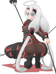Rule 34 | 1girl, ahoge, arms behind back, ass, bdsm, bodysuit, bondage, bound, bound arms, breasts, frogtie, from behind, hair tubes, headgear, highres, huge ahoge, infraton, long hair, red eyes, shiny clothes, shoes, sideboob, silver hair, skin tight, small breasts, solo, under night in-birth, vatista, very long hair