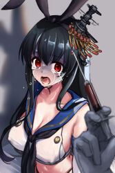 Rule 34 | 1girl, 1other, black hair, black hairband, black neckerchief, blue sailor collar, breasts, commentary request, cosplay, crop top, crying, crying with eyes open, eckert&amp;eich, fusou (kancolle), hairband, head only, highres, kantai collection, large breasts, long hair, looking at viewer, neckerchief, one-hour drawing challenge, red eyes, sailor collar, shadow, shimakaze (kancolle), shimakaze (kancolle) (cosplay), shirt, sleeveless, sleeveless shirt, syringe, tears, upper body