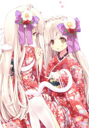Rule 34 | 10s, 2013, 2girls, bad id, bad pixiv id, flower, hair flower, hair ornament, happy new year, heterochromia, highres, holding hands, interlocked fingers, japanese clothes, kimono, multiple girls, new year, original, own hands together, snake, thighhighs, usamito