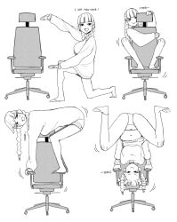 Rule 34 | 1girl, chair, ear piercing, english text, gaming chair, long hair, long sleeves, ohasi, open mouth, original, panties, piercing, shirt, sitting, smile, sweater, swivel chair, twintails, underwear, upside-down, wheel