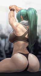 Rule 34 | 1girl, arknights, arms up, ass, breasts, from behind, green hair, highres, horns, hoshiguma (arknights), large breasts, long hair, mo ne, muscular, muscular female, ponytail, sideboob, single horn, sitting, solo, sweat