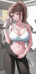 Rule 34 | 1girl, :q, absurdres, black leggings, blurry, breasts, brown hair, cellphone, cleavage, collarbone, commentary, cowboy shot, depth of field, earrings, hair ornament, hand up, hee (user ykux4248), high ponytail, highres, holding, holding phone, indoors, jewelry, large breasts, leggings, long hair, looking at viewer, midriff, mole, mole under eye, navel, original, phone, ponytail, purple eyes, smartphone, solo, sports bra, stud earrings, tongue, tongue out, x hair ornament