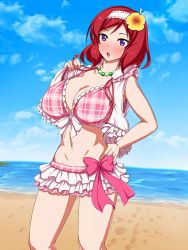 Rule 34 | 1girl, absurdres, alternate breast size, beach, blush, breasts, cleavage, cloud, flower, hair flower, hair ornament, highres, looking at viewer, love live!, love live! school idol project, mei ichi, nishikino maki, ocean, open mouth, outdoors, red hair, sand, sky, solo, standing, swimsuit, water