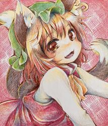 Rule 34 | 1girl, :d, animal ear fluff, animal ear piercing, brown eyes, brown hair, cat tail, chen, commentary request, dot nose, dress, earrings, fang, green hat, hanabi (karintou15), happy, hat, highres, jewelry, looking at viewer, lower teeth only, medium hair, mob cap, multiple tails, nekomata, open mouth, red dress, single earring, skin fang, smile, solo, tail, teeth, touhou, two tails, upper body