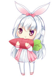 Rule 34 | 1girl, animal ears, bow, carrot, chibi, dress, eating, full body, hair bow, heart, heart-shaped pupils, jacknavy, long hair, looking at viewer, momona (mvv), org.alie.momona, pink eyes, rabbit ears, silver hair, solo, standing, symbol-shaped pupils, thighhighs, white thighhighs