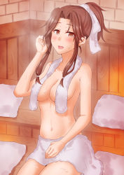 Rule 34 | 1girl, anti (untea9), breasts, brown eyes, brown hair, censored, commentary request, commission, convenient censoring, cowboy shot, hair intakes, half updo, highres, jintsuu (kancolle), kantai collection, large breasts, long hair, looking at viewer, naked towel, navel, censored nipples, sauna, solo, steam, towel, towel around neck, towel over breasts, white towel