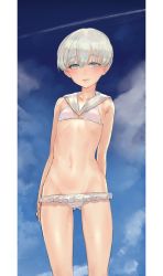 Rule 34 | 1girl, bad id, bad twitter id, bare arms, bikini, blue eyes, blue sky, blush, cloud, cloudy sky, contrail, cowboy shot, flat chest, frilled bikini, frills, gluteal fold, grey hair, highres, kantai collection, looking at viewer, navel, parted lips, sailor collar, short hair, sky, smile, solo, standing, suisogenshi, sweat, swimsuit, white bikini, white sailor collar, z1 leberecht maass (kancolle)