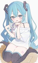Rule 34 | 1girl, absurdres, blue eyes, blue hair, blue nails, blush, flat chest, hair between eyes, hakudaku, hatsune miku, heart, heart-shaped pupils, heart hands, highres, long hair, looking at viewer, off shoulder, open mouth, shirt, single bare shoulder, sitting, smile, solo, symbol-shaped pupils, thighhighs, twintails, very long hair, vocaloid, white shirt