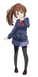 Rule 34 | 1girl, black pantyhose, bow, bowtie, brown footwear, brown hair, buttons, cardigan, closed mouth, collared shirt, commentary request, full body, green eyes, grey skirt, hand on own chin, hand up, highres, hitoribocchi no marumaru seikatsu, honshou aru, long sleeves, noneru, pantyhose, pleated skirt, ponytail, red bow, red bowtie, shirt, shoes, skirt, smile, solo, split mouth, standing, stroking own chin, white background, white shirt