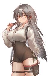 1girl absurdres arknights arm_behind_back breasts commentary cowboy_shot fartooth_(arknights) feather_hair gauntlets green_eyes grey_hair high-waist_shorts highres kaguura_(kagu) large_breasts long_hair pouch shorts simple_background standing thigh_pouch thigh_strap twirling_hair