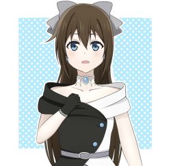 Rule 34 | 1girl, aqua background, aqua eyes, artist name, artist request, back bow, bare shoulders, belt, black dress, black gloves, blue eyes, blush, bow, bow hairband, breasts, brooch, brown hair, buttons, choker, clenched hand, collarbone, diamond (gemstone), dress, drop earrings, earrings, evening gown, female focus, gloves, grey belt, grey bow, hair between eyes, hair bow, hairband, half updo, high ponytail, highres, jewelry, lace, lace gloves, long hair, looking at viewer, love live!, love live! nijigasaki high school idol club, love live! school idol festival, multicolored clothes, multicolored dress, off-shoulder dress, off shoulder, osaka shizuku, parted lips, plaid, plaid dress, pleated, pleated dress, polka dot, polka dot background, ponytail, sleeveless, sleeveless dress, small breasts, smile, solitude rain (love live!), solo, two-tone dress, upper body, white background, white bow, white choker, white dress