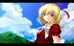 Rule 34 | 1girl, bad id, bad pixiv id, blonde hair, blue eyes, blue sky, cloud, day, dress, hair ribbon, highres, letterboxed, looking at viewer, medicine melancholy, mountain, nekominase, puffy sleeves, red dress, ribbon, sash, short sleeves, sky, smile, solo, touhou