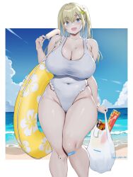 Rule 34 | 1girl, aymusk, bag, bandaid, bandaid on knee, bandaid on leg, beach, blonde hair, blue eyes, blue hair, blue sky, breasts, cleavage, cloud, collarbone, colored inner hair, commentary request, covered navel, day, flower, food, freckles, freckles-chan (aymusk), frilled one-piece swimsuit, frills, hair flower, hair ornament, hairclip, highres, holding, holding bag, holding food, holding popsicle, horizon, huge breasts, innertube, large breasts, long hair, looking at viewer, mole, mole on breast, multicolored hair, ocean, one-piece swimsuit, open mouth, original, outdoors, plastic bag, plump, popsicle, sidelocks, sky, smile, solo, standing, swim ring, swimsuit, thick thighs, thighs, two-tone hair, white flower, white one-piece swimsuit, wide hips