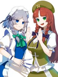 Rule 34 | 2girls, anger vein, angry, apron, black ribbon, blue dress, blue eyes, bow, braid, breast envy, breasts, brown hair, chinese clothes, closed mouth, collar, dress, green bow, green dress, green eyes, green headwear, green neckwear, grey hair, hair bow, hand up, hands up, hat, highres, hong meiling, ikasoba, izayoi sakuya, knife, long hair, looking at another, maid, maid apron, maid headdress, medium breasts, multiple girls, nervous, open mouth, puffy short sleeves, puffy sleeves, purple bow, ribbon, short hair, short sleeves, simple background, small breasts, smile, star (symbol), touhou, twin braids, white apron, white background, white bow, white collar, white sleeves, white wristband, wristband