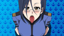 Rule 34 | 10s, 1girl, black eyes, blue hair, blush, bodysuit, breast hold, breasts, earrings, female focus, glasses, highres, jewelry, large breasts, looking at viewer, niimi kaoru, open mouth, short hair, simple background, sitting, solo, tongue, tongue out, uchuu senkan yamato, uchuu senkan yamato 2199, uniform