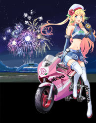 Rule 34 | 1girl, :d, blonde hair, blue eyes, blue gloves, blue skirt, boots, breasts, clothes writing, commentary request, elbow gloves, fireworks, flower, full body, gloves, green ribbon, hair flower, hair ornament, hair ribbon, hat, highres, honda, large breasts, long hair, midriff, motor vehicle, motorcycle, navel, one side up, open mouth, original, race queen, ribbon, rose, saitou sakae, shirt, skirt, sleeveless, sleeveless shirt, smile, solo, stopwatch, thigh boots, thighhighs, very long hair, watch, white hat, white thighhighs