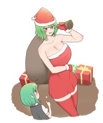 Rule 34 | 2girls, bag, bare shoulders, blush, breasts, christmas present, cleavage, collarbone, commentary, dress, english commentary, gift, gloves, green eyes, hat, highres, kazami yuuka, large breasts, mata (matasoup), multiple girls, no sclera, open mouth, red eyes, red legwear, santa dress, santa hat, simple background, sweatdrop, thighhighs, thumbs up, touhou, white background, wriggle nightbug