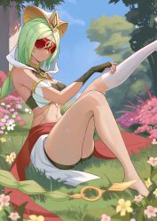 Rule 34 | 1girl, absurdres, bare shoulders, barefoot, black shorts, blindfold, breasts, cleavage, crop top, detached sleeves, eremite floral ring-dancer (genshin impact), genshin impact, gloves, green hair, highres, legs, legs up, long hair, medium breasts, navel, red sash, sash, shorts, simple background, sitting, smile, solo, thighs, user rszt5334