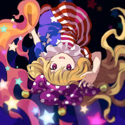 Rule 34 | 1girl, american flag dress, american flag legwear, black background, blonde hair, clownpiece, fire, hand up, hat, holding, holding torch, jester cap, kaigen 1025, long hair, looking at viewer, neck ruff, open mouth, polka dot headwear, purple eyes, purple hat, short sleeves, smile, solo, star (symbol), torch, touhou, upside-down