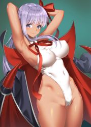 Rule 34 | 1girl, armpits, arms behind head, bare arms, bare shoulders, bb (fate), bb (fate) (all), bb (swimsuit mooncancer) (fate), bb (swimsuit mooncancer) (third ascension) (fate), black coat, breasts, cameltoe, closed mouth, coat, covered erect nipples, covered navel, cowboy shot, dark-skinned female, dark skin, fate/grand order, fate (series), hair ribbon, hands up, highleg, highleg leotard, highres, large breasts, leotard, long hair, looking at viewer, neck ribbon, popped collar, purple eyes, purple hair, red ribbon, ribbon, saruchitan, simple background, smile, solo, unfinished, very long hair, white leotard