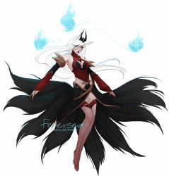 Rule 34 | 1girl, ahri (league of legends), animal ears, bare shoulders, barefoot, breasts, cleavage, cleavage cutout, clothing cutout, detached sleeves, facial tattoo, feversea, floating, forehead jewel, fox ears, fox tail, full body, fusion, glowing, glowing eyes, hair ornament, halterneck, highres, hitodama, korean clothes, league of legends, lips, lipstick, long hair, makeup, medium breasts, multiple tails, showgirl skirt, solo, syndra, tail, tattoo, thigh strap, white hair