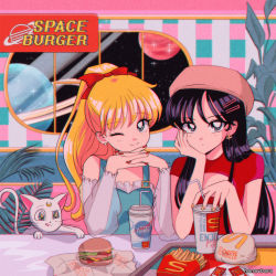 Rule 34 | + +, 2girls, :p, aino minako, artemis (sailor moon), big mac, bishoujo senshi sailor moon, black hair, blonde hair, bow, burger, cat, cola, crescent, crescent facial mark, double-decker hamburger bun, dress, earrings, facial mark, fast food, food, hair bow, hair ornament, hairpin, hanavbara, hand on own chin, hand on own face, hat, hino rei, jewelry, long hair, looking at viewer, mcdonald&#039;s, multiple girls, nail polish, one eye closed, own hands clasped, own hands together, planet, planetary ring, plant, retro artstyle, sitting, smile, space, table, tongue, tongue out