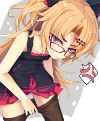 Rule 34 | 1girl, akatsuki uni, anger vein, bare arms, bare shoulders, black dress, blonde hair, blush, brown pantyhose, closed mouth, clothes pull, collarbone, commentary request, dress, glasses, grey background, hair ornament, hairclip, long hair, looking at viewer, ogami kazuki, pantyhose, pantyhose pull, parted bangs, red-framed eyewear, red eyes, sleeveless, sleeveless dress, solo, spoken anger vein, sweat, two-tone background, two side up, uni create, v-shaped eyebrows, very long hair, virtual youtuber, white background