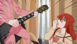 Rule 34 | 2girls, billyonthestraw, blazer, bocchi the rock!, bow, brown jacket, gotoh hitori, green eyes, grey skirt, guitar, highres, holding, holding instrument, indoors, instrument, jacket, kita ikuyo, long hair, long sleeves, motion lines, multiple girls, music, one side up, open mouth, pants, pants under skirt, parody, pink jacket, pink pants, playing instrument, pleated skirt, red bow, red hair, school uniform, skirt, surprised, track jacket, track pants, wide-eyed