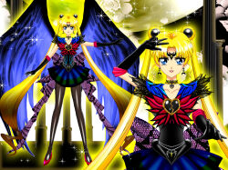 Rule 34 | 1girl, absurdres, back bow, bishoujo senshi sailor moon, black choker, black shirt, blonde hair, blue eyes, blue sailor collar, blue skirt, bow, bowtie, brooch, choker, circlet, corruption, crescent, crescent earrings, dark persona, double bun, dual persona, earrings, hair bun, heart, heart brooch, high heels, highres, jewelry, lips, long hair, luna rune, miniskirt, pantyhose, parted bangs, pleated skirt, red bow, red bowtie, red footwear, sailor collar, sailor moon, shirt, short sleeves, skirt, smile, solo, twintails, very long hair, wings